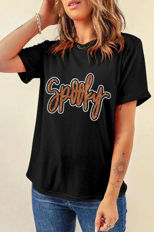 Rhinestone Letter Round Neck Short Sleeve T-Shirt - Trendsi - Flyclothing LLC
