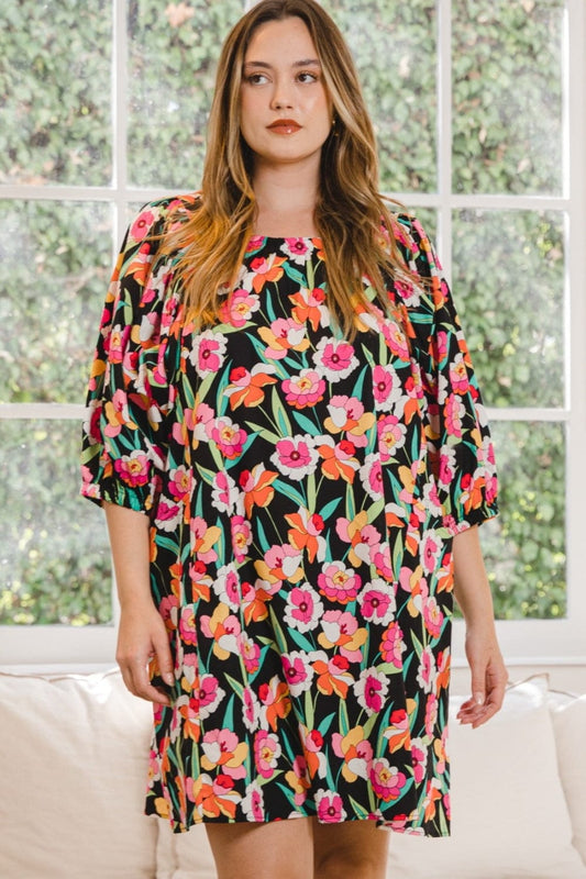 ODDI Full Size Floral Puff Sleeve Mini Dress - Trendsi