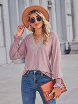 V-Neck Eyelet Flounce Sleeve Blouse - Trendsi - Flyclothing LLC