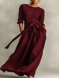 Full Size Long Sleeve Tie Waist Maxi Dress Plus Size - Trendsi - Flyclothing LLC