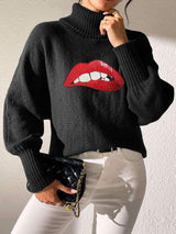 Lip Turtleneck Long Sleeve Sweater - Trendsi - Flyclothing LLC