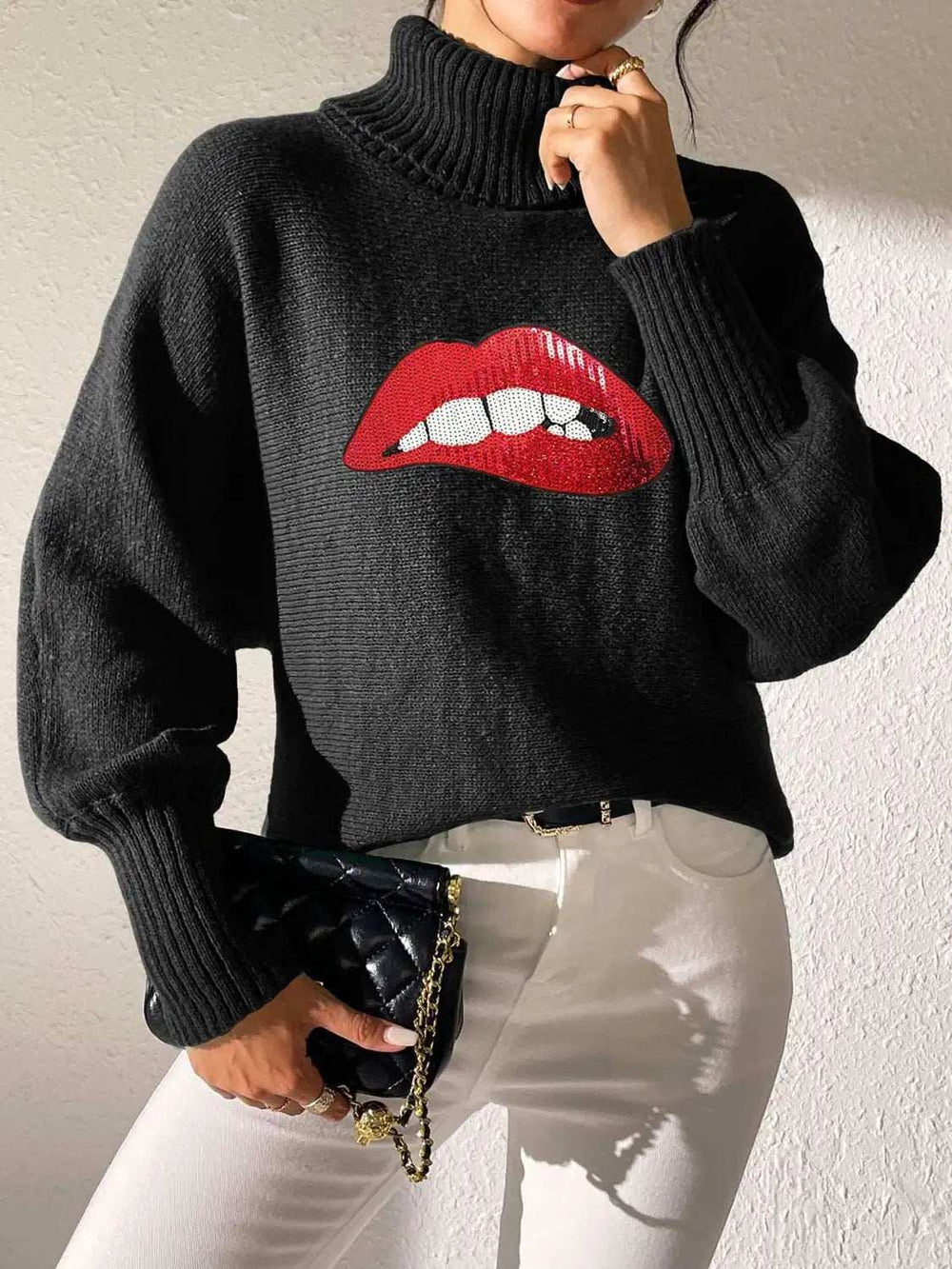 Lip Turtleneck Long Sleeve Sweater - Trendsi - Flyclothing LLC