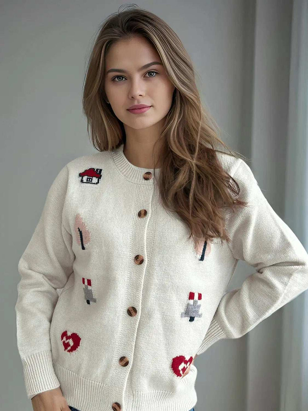 Button Up Round Neck Long Sleeve Cardigan - Trendsi - Flyclothing LLC