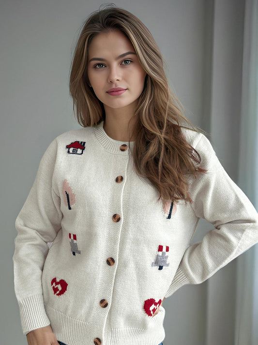 Button Up Round Neck Long Sleeve Cardigan - Trendsi