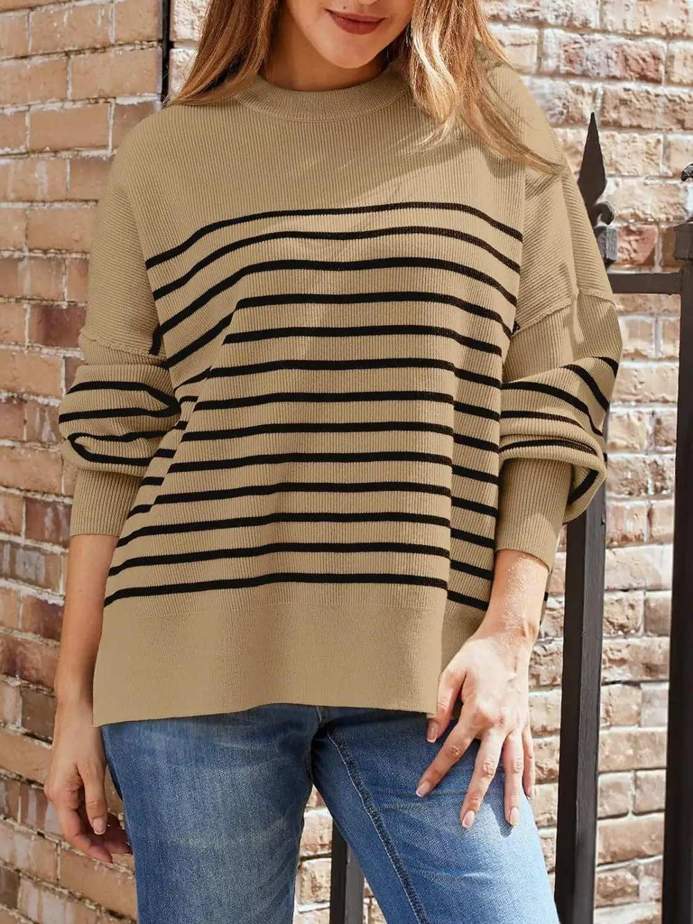 Striped Round Neck Long Sleeve Sweatshirt - Trendsi - Flyclothing LLC