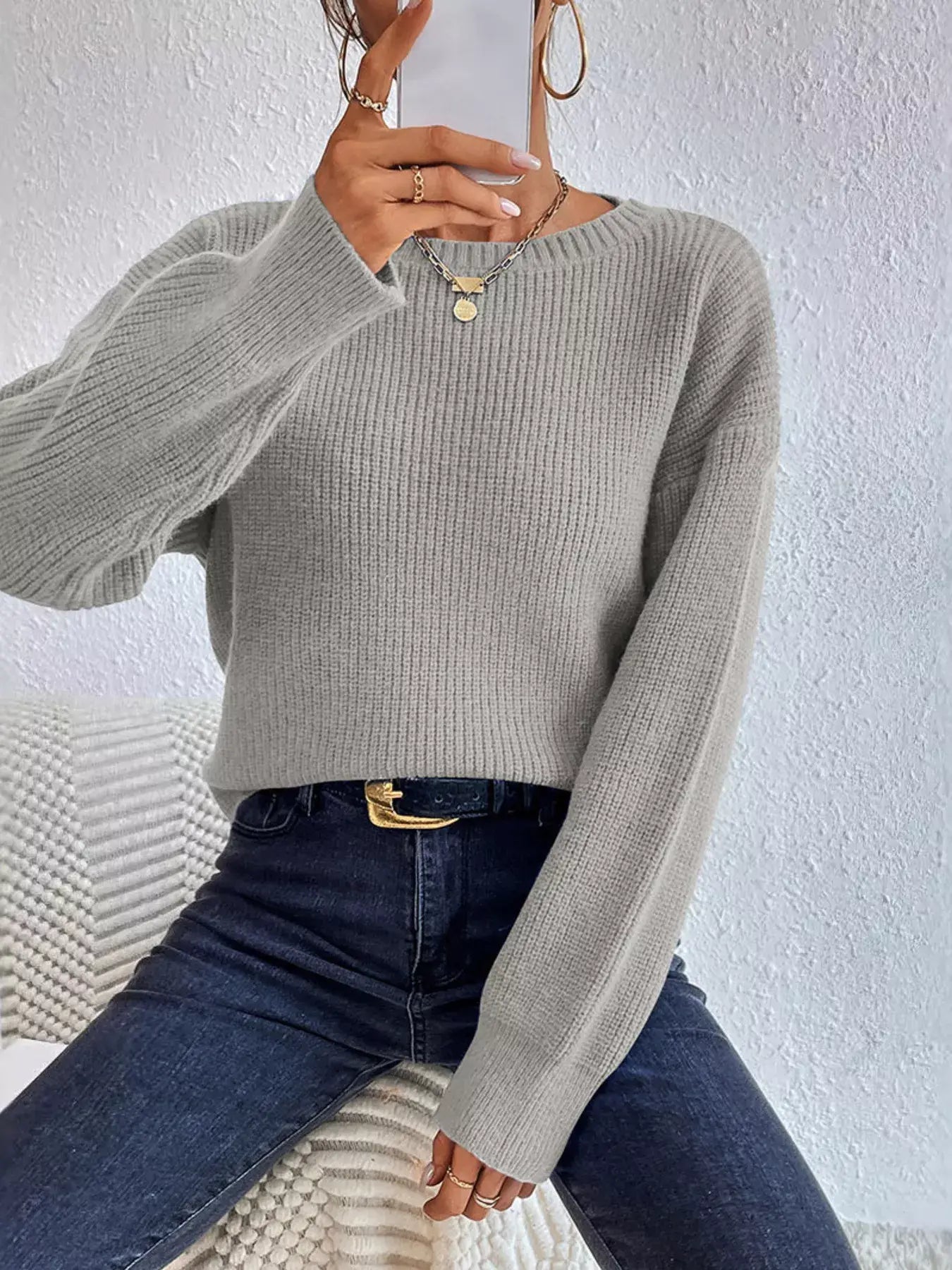 Ribbed Knit Dropped Shoulder Sweater - Trendsi - Flyclothing LLC