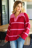 Haptics Collared Neck Striped Contrast Sweater - Trendsi