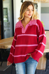 Haptics Collared Neck Striped Contrast Sweater - Trendsi