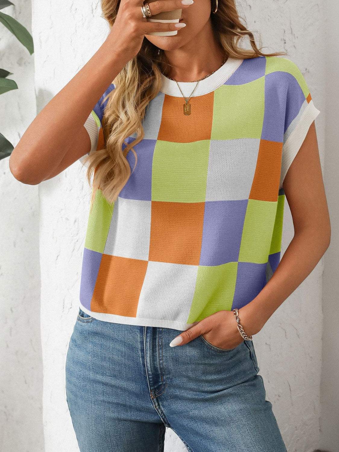 Mandy Checkered Round Neck Cap Sleeve Knit Top - Trendsi - Flyclothing LLC