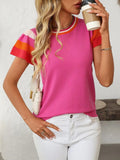 Mandy Contrast Round Neck Short Sleeve Knit Top - Trendsi