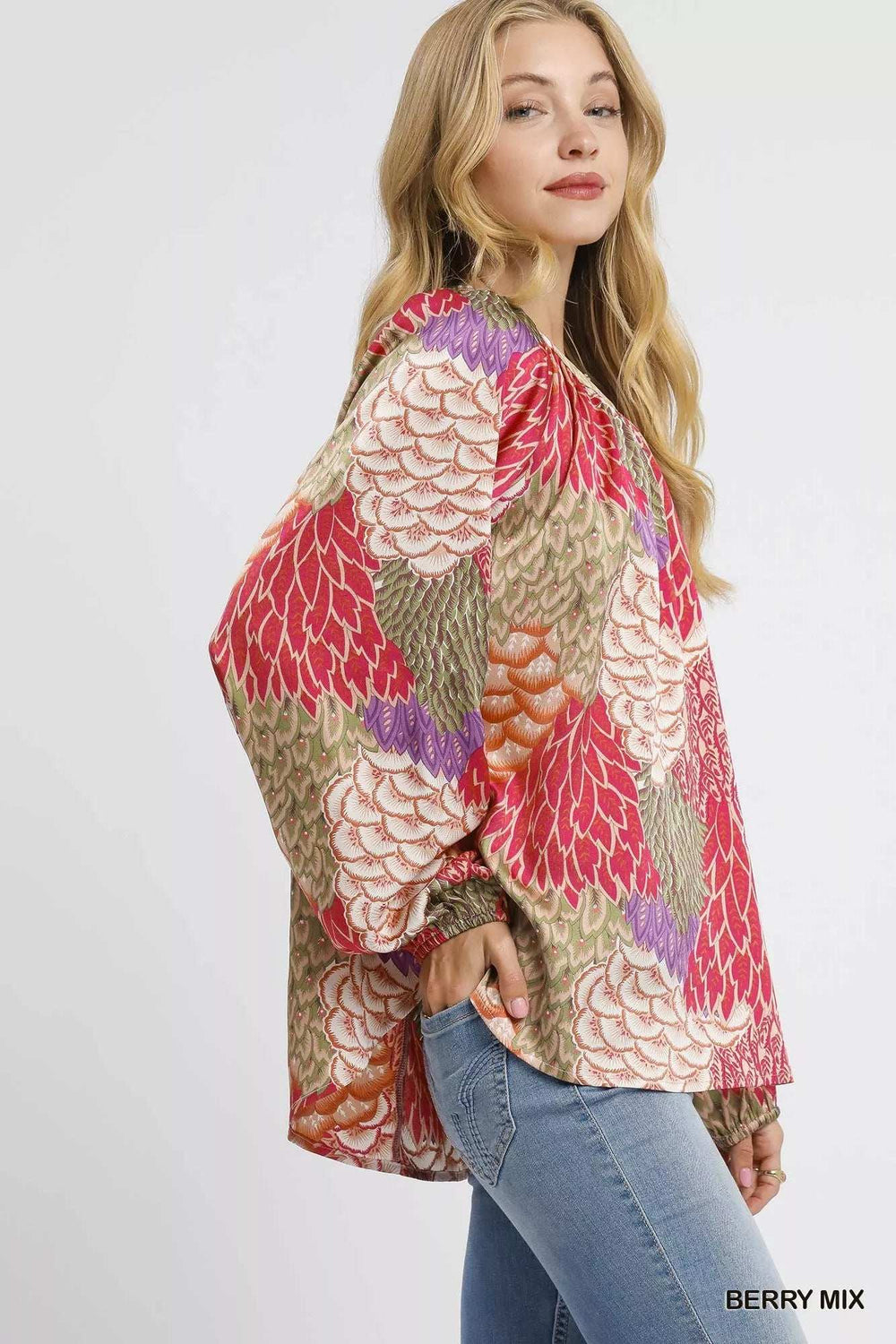 Umgee Boho Feather Print Peasant Blouse - Trendsi - Flyclothing LLC