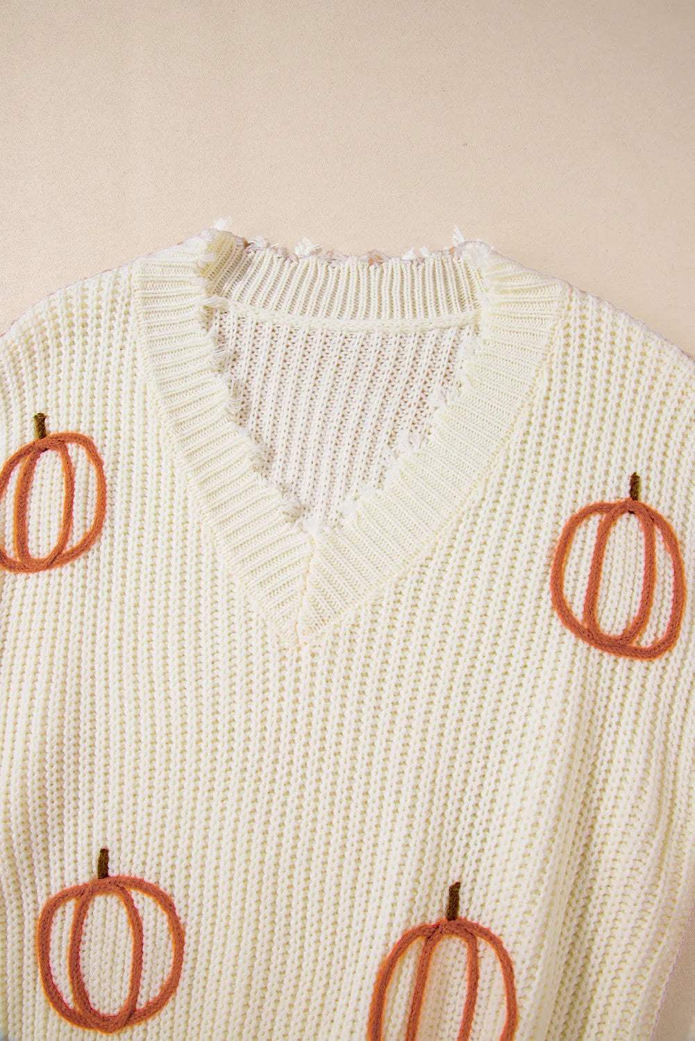 Raw Hem Pumpkin V-Neck Long Sleeve Sweater - Trendsi - Flyclothing LLC
