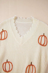 Raw Hem Pumpkin V-Neck Long Sleeve Sweater - Trendsi - Flyclothing LLC
