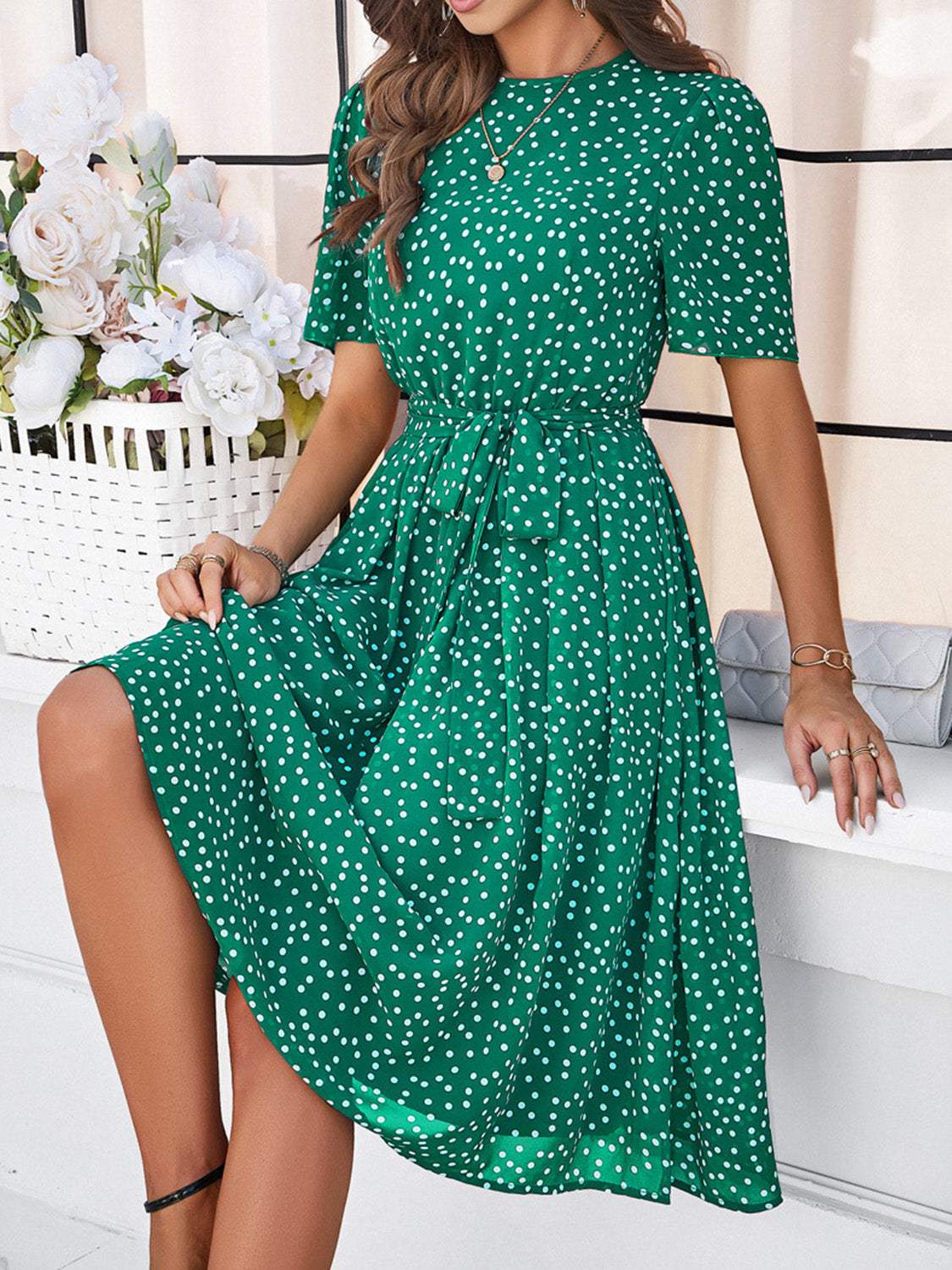 Printed Round Neck Short Sleeve Dress - Trendsi - Flyclothing LLC