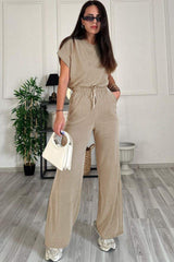 Round Neck Short Sleeve Top and Drawstring Pants Set - Trendsi - Flyclothing LLC