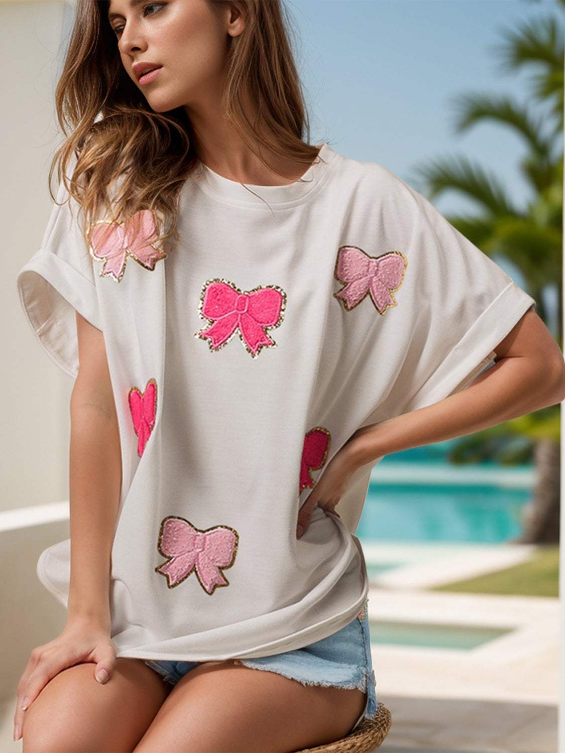 Bow Round Neck Short Sleeve T-Shirt - Trendsi - Flyclothing LLC