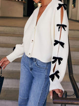 Bow V-Neck Cutout Sleeve Cardigan - Trendsi - Flyclothing LLC