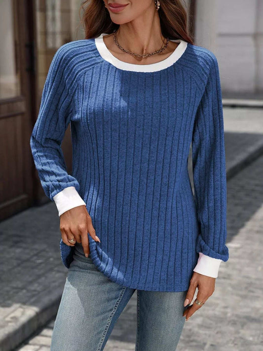 Ribbed Round Neck Raglan Sleeve Knit Top - Trendsi - Flyclothing LLC