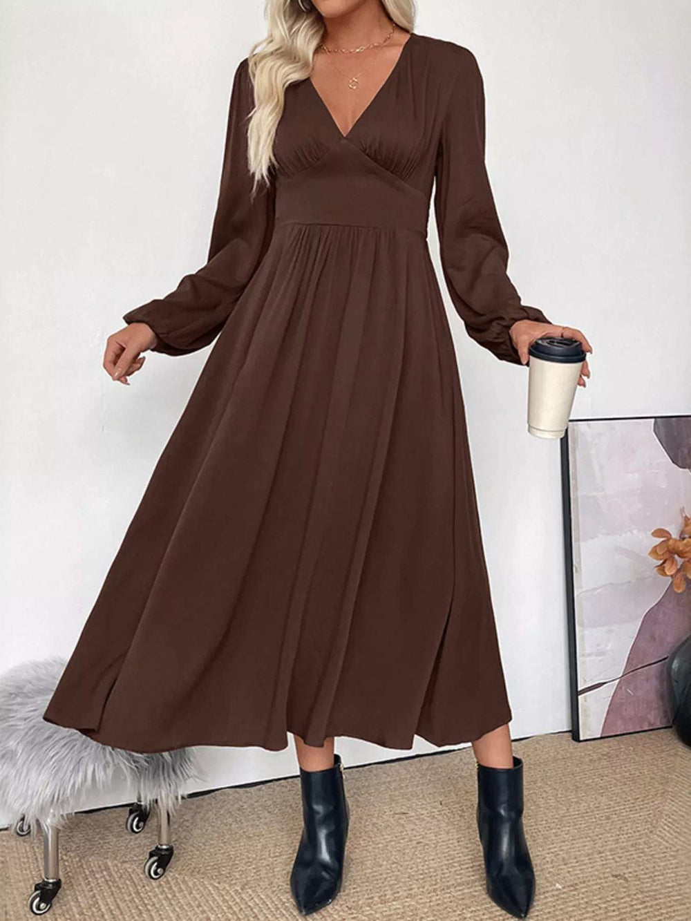 V-Neck Balloon Sleeve Midi Dress - Trendsi - Flyclothing LLC