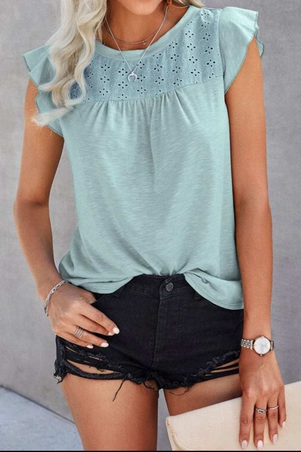 Ruffled Round Neck Cap Sleeve T-Shirt - Trendsi - Flyclothing LLC