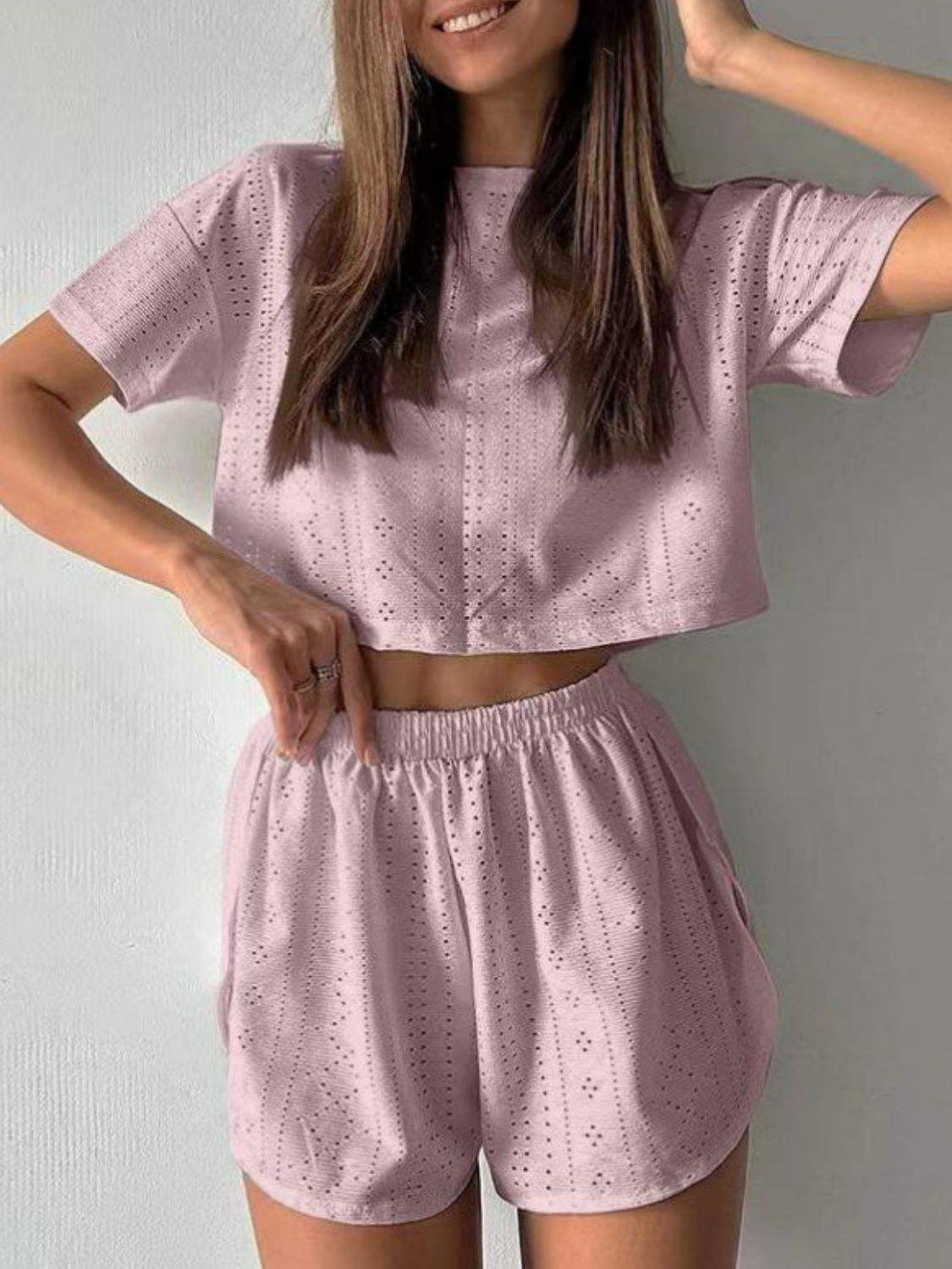 Eyelet Round Neck Top and Shorts Set - Trendsi - Flyclothing LLC