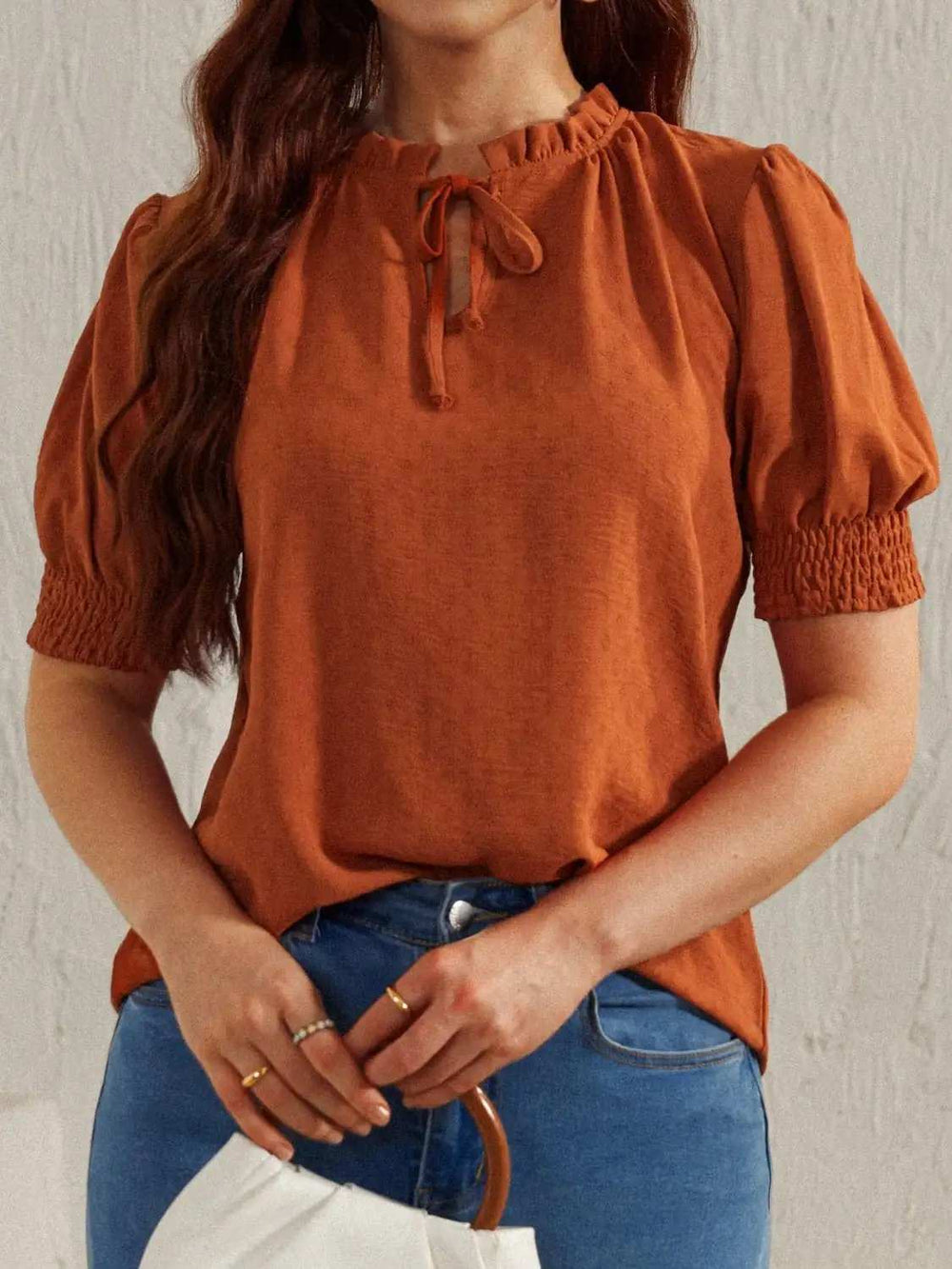 Frill Tie Neck Short Sleeve Blouse - Trendsi - Flyclothing LLC
