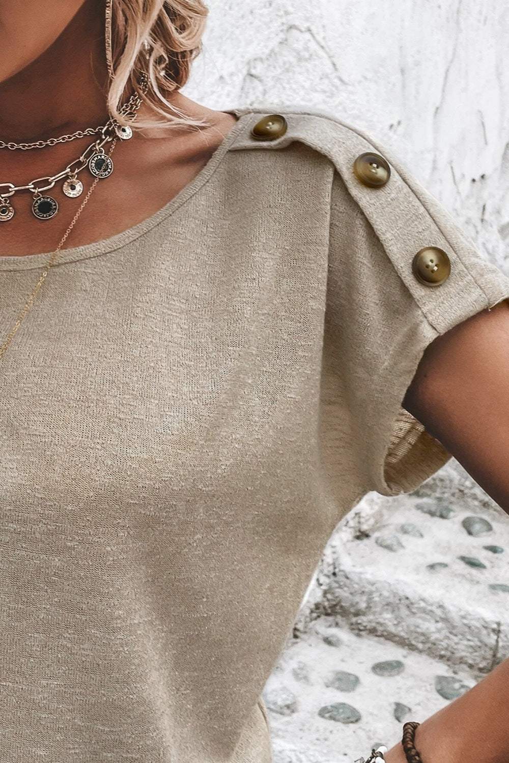 Decorative Button Round Neck Short Sleeve Blouse - Trendsi - Flyclothing LLC
