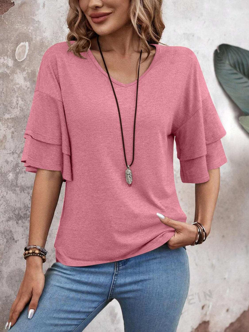 V-Neck Half Sleeve Blouse - Trendsi - Flyclothing LLC