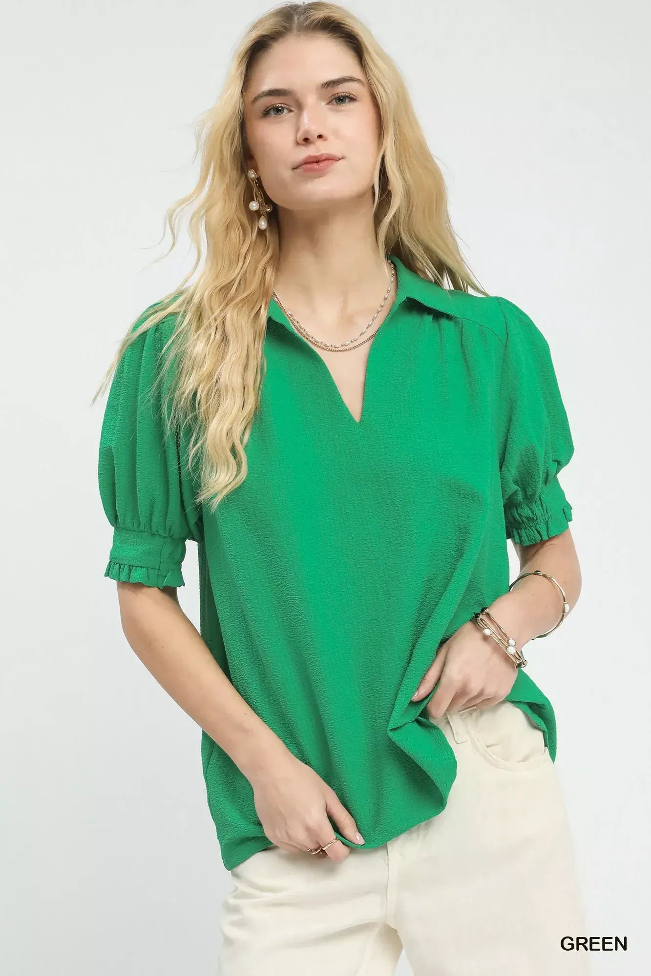 Umgee Seersucker Puff Sleeve Blouse - Trendsi - Flyclothing LLC