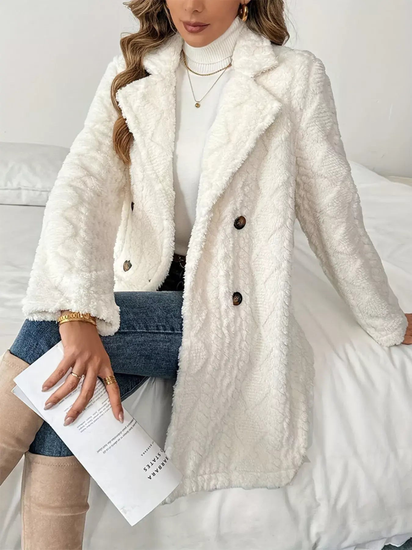 Fleece Double-Breasted Longline Coat - Trendsi - Flyclothing LLC