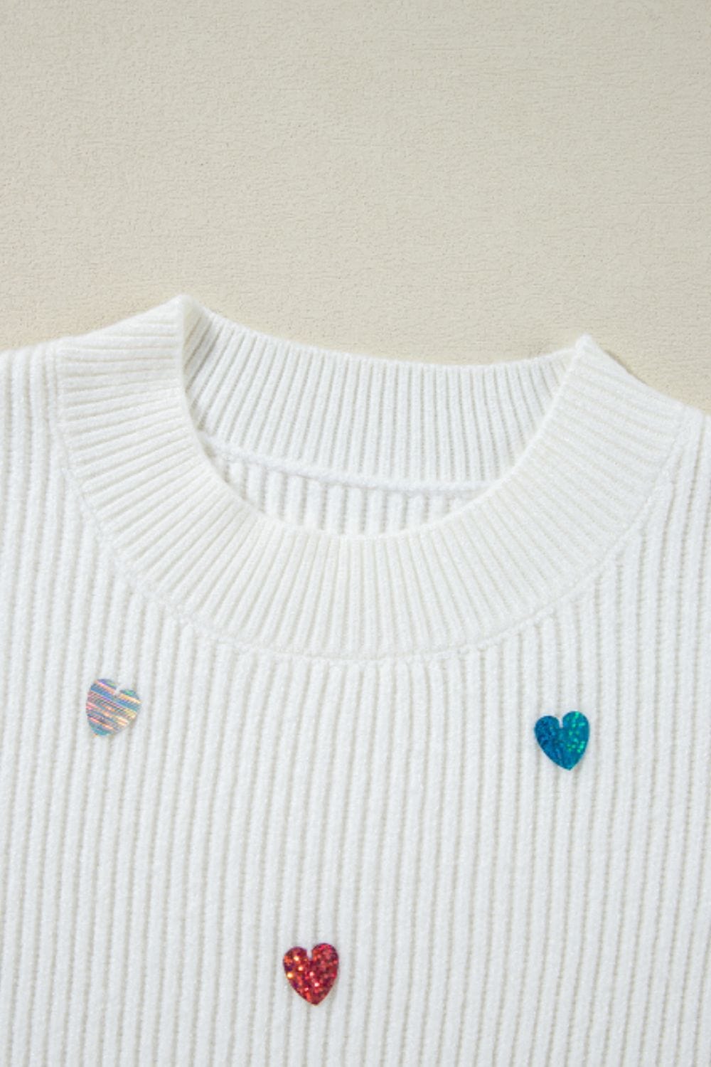 Heart Sequin Round Neck Long Sleeve Sweater - Trendsi