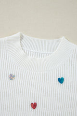 Heart Sequin Round Neck Long Sleeve Sweater - Trendsi