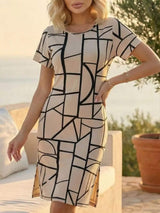 Full Size Geometric Print Midi Dress with Side Slit Plus Size - Trendsi - Flyclothing LLC