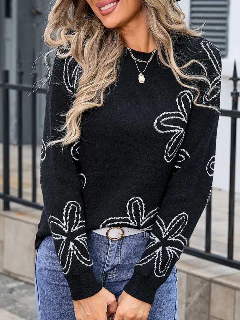 Flower Round Neck Dropped Shoulder Sweater - Trendsi - Flyclothing LLC