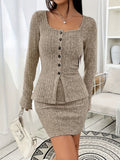 Square Neck Button Up Long Sleeve Top and Skirt Set - Trendsi