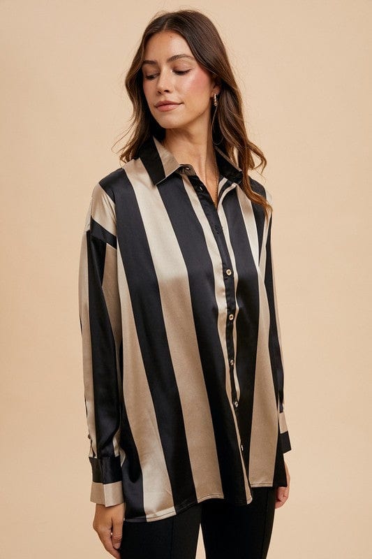 Annie Wear Striped Dropped Shoulder Button Up Shirt - Trendsi