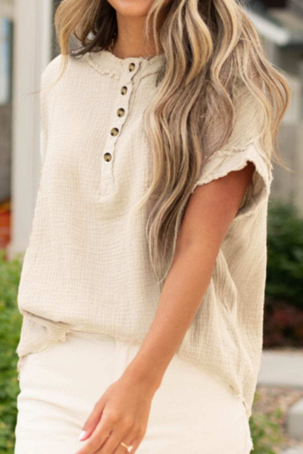 Textured Frayed Trim Half Button Short Sleeve Top - Trendsi - Flyclothing LLC