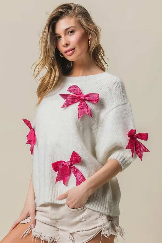 BiBi Sequin Bow Puff Sleeve Sweater - Trendsi - Flyclothing LLC