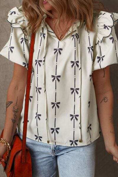 Bow Print Tie Neck Short Sleeve Blouse - Trendsi - Flyclothing LLC