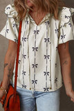Bow Print Tie Neck Short Sleeve Blouse - Trendsi