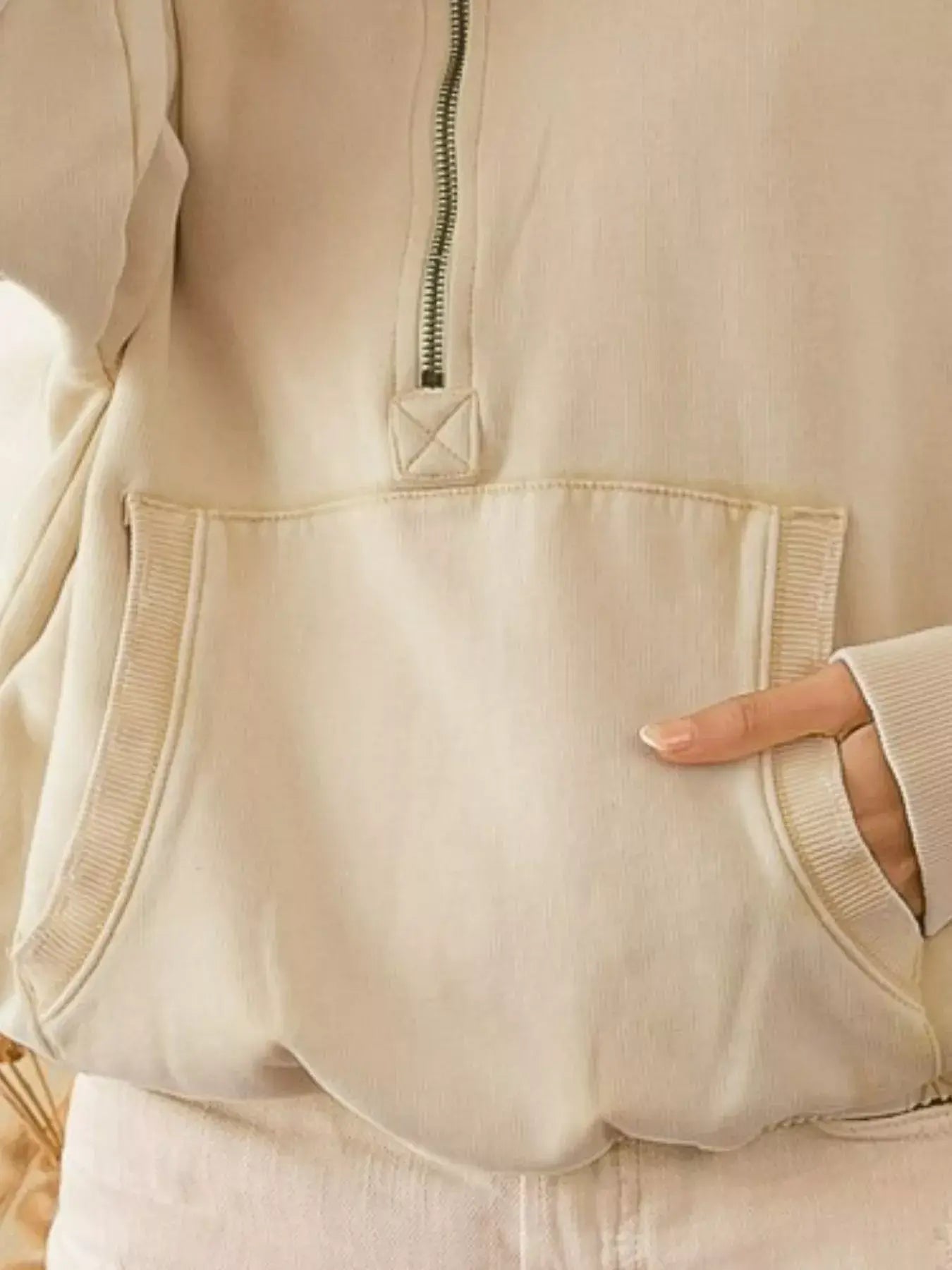 BiBi Stitch Detailed Elastic Hem Half Zip Fleece Hoodie - Trendsi - Flyclothing LLC