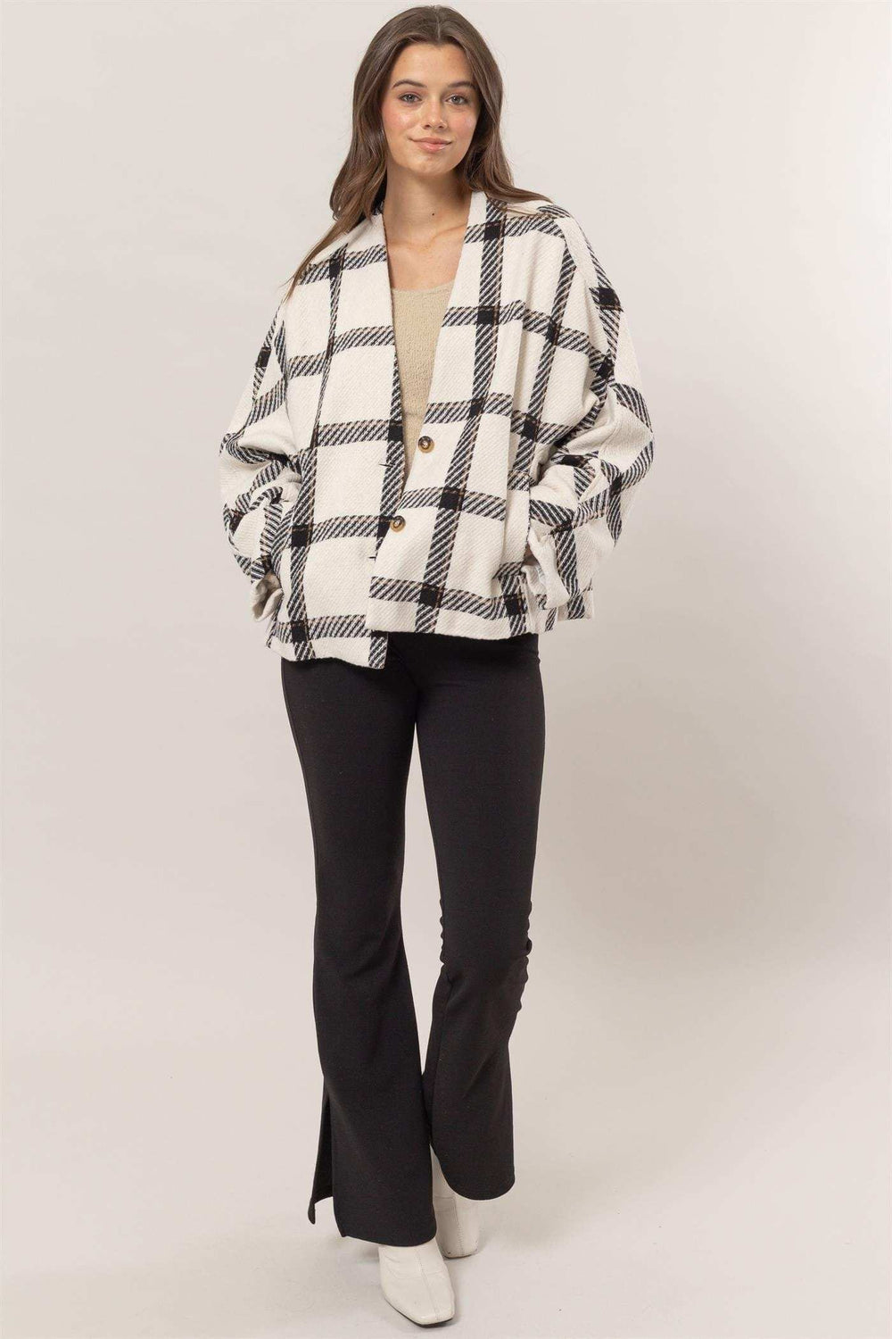 HYFVE Plaid Long Sleeve Jacket with Side Slit Pockets - Trendsi - Flyclothing LLC