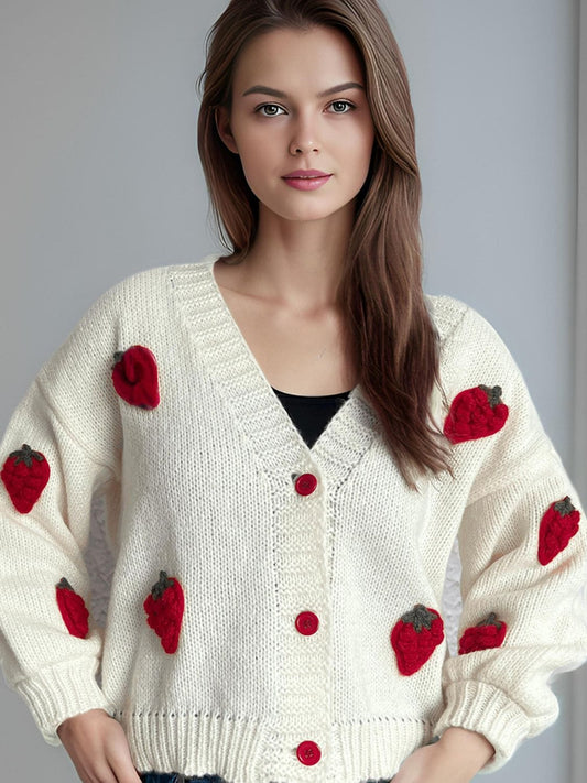 Crochet Strawberry V-Neck Long Sleeve Cardigan - Trendsi