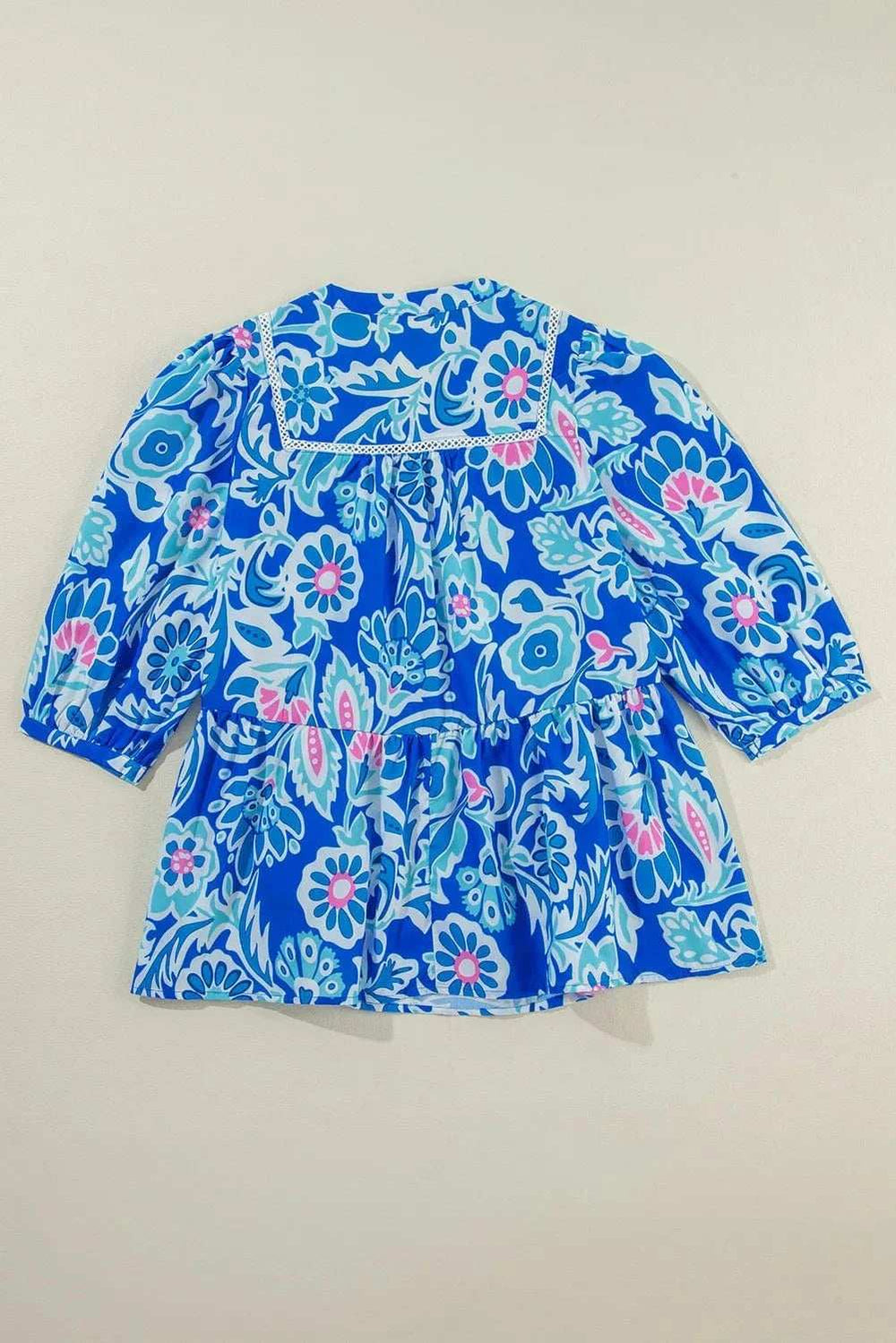 Printed Notched Three-Quarter Sleeve Blouse - Trendsi - Flyclothing LLC