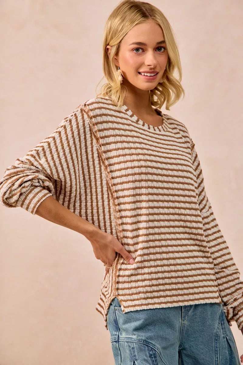 BiBi Open Seam Detail Textured Stripe Knit Top - Trendsi - Flyclothing LLC