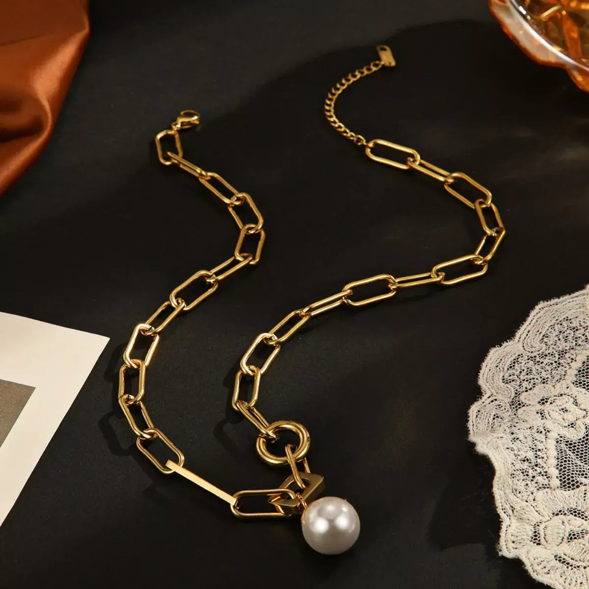 18K Gold-Plated Chain Pearl Necklace - Trendsi - Flyclothing LLC