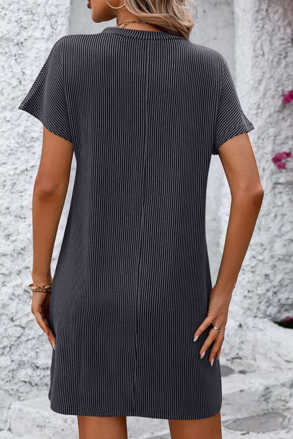 Ribbed Striped Short Sleeve Mini Tee Dress - Trendsi - Flyclothing LLC