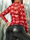 Heart Mock Neck Long Sleeve Sheer Top - Trendsi