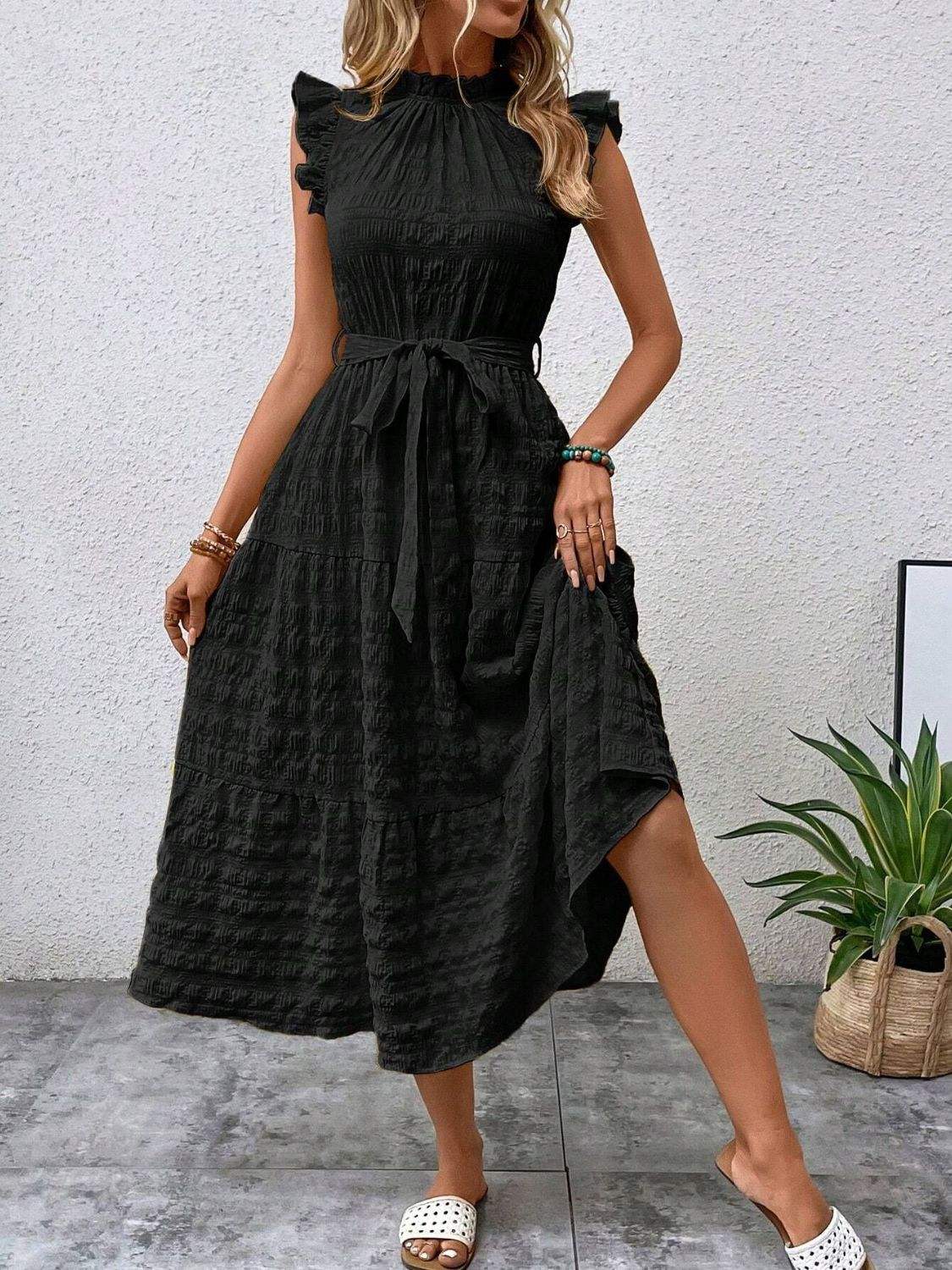 Tied Ruffled Cap Sleeve Midi Dress - Trendsi - Flyclothing LLC