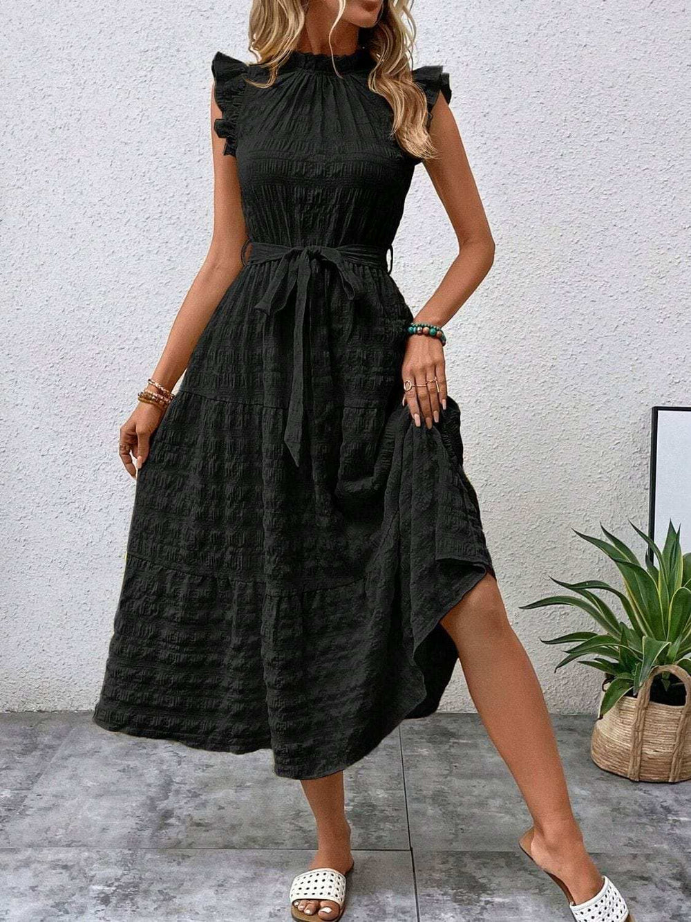 Tied Ruffled Cap Sleeve Midi Dress - Trendsi - Flyclothing LLC